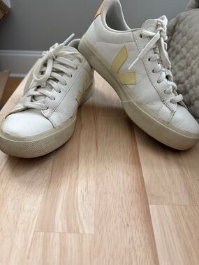 Veja Campo Sneakers in Off-White with Pale Yellow V Logo